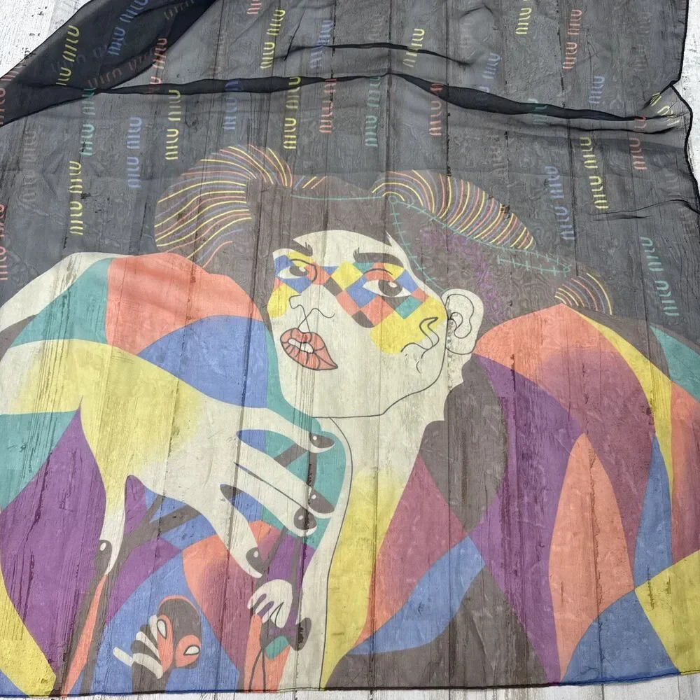 Vintage Miu Miu Scarf  Shawl Authentic Silk Rolled Edges Abstract Lady Harlequin
